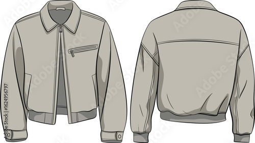 Bomber jacket cad drawing flat vector illustration, fashion technical sketch, front and back view, outerwear design template, zip pocket, casual jacket mockup