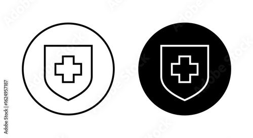 Health protection outline icon in black circle. Healthy shield, medical defense symbol
