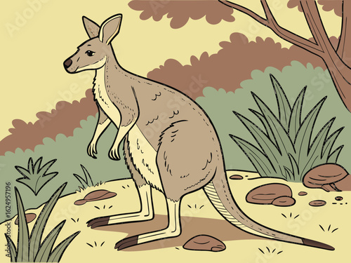 Cute kangaroo in a serene Australian landscape drawing.  A charming illustration of a kangaroo standing in a peaceful Australian outback scene. 
