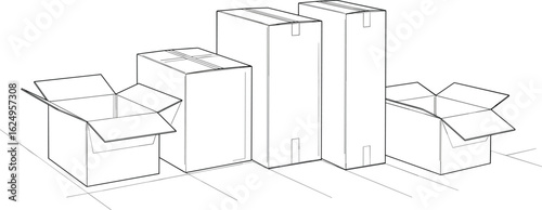 Cardboard boxes, packaging materials, open and closed boxes, shipping supplies, storage solutions, moving boxes, warehouse inventory, organized packing, cardboard containers