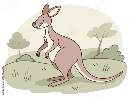 Cute kangaroo in a serene Australian landscape drawing.  A charming illustration of a kangaroo standing in a peaceful Australian outback scene. 