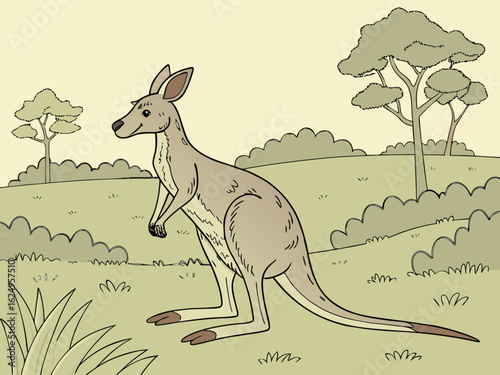 Cute kangaroo in a serene Australian landscape drawing.  A charming illustration of a kangaroo standing in a peaceful Australian outback scene. 