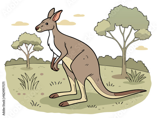 Cute kangaroo in a serene Australian landscape drawing.  A charming illustration of a kangaroo standing in a peaceful Australian outback scene. 