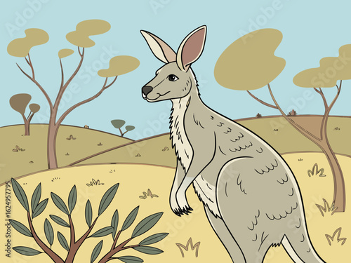 Cute kangaroo in a serene Australian landscape drawing. A charming illustration of a kangaroo standing in a peaceful Australian outback scene. 