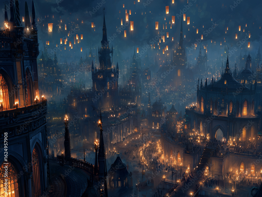 Fototapeta premium City of mages with gothic architecture and floating candles