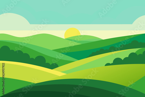 Expansive Sunny Countryside Illustration Landscape Art Vibrant Scenery Nature View