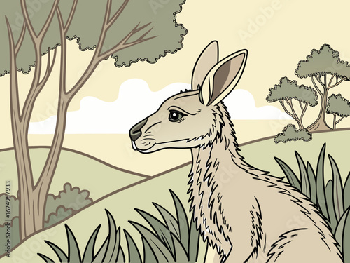 Cute kangaroo in a serene Australian landscape drawing. A charming illustration of a kangaroo standing in a peaceful Australian outback scene. 