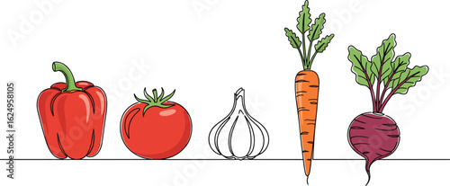 Colorful hand drawn vegetables set, pepper, tomato, garlic, carrot, beetroot illustration, healthy organic food isolated on white