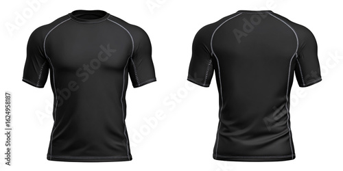 Black short sleeve compression shirt mockup, front and back view Sportswear apparel for fitness and athletic activities Concept of activewear, workout, and fashion