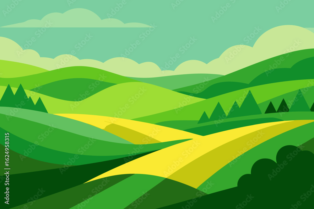 Obraz premium Expansive Sunny Countryside Illustration with Rolling Hills and Fields