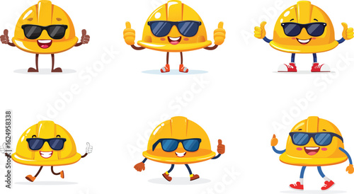 A set of cool hard hat helmet characters with sunglasses. Construction Worker Mascot Flat Cartoon Collection.