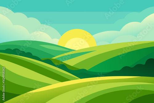 Expansive Sunny Countryside Illustration with Rolling Hills and Fields