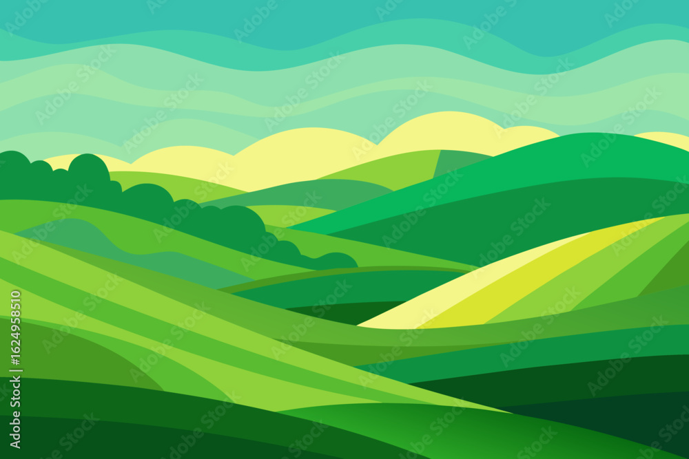 Obraz premium Expansive Sunny Countryside Illustration with Rolling Hills and Fields