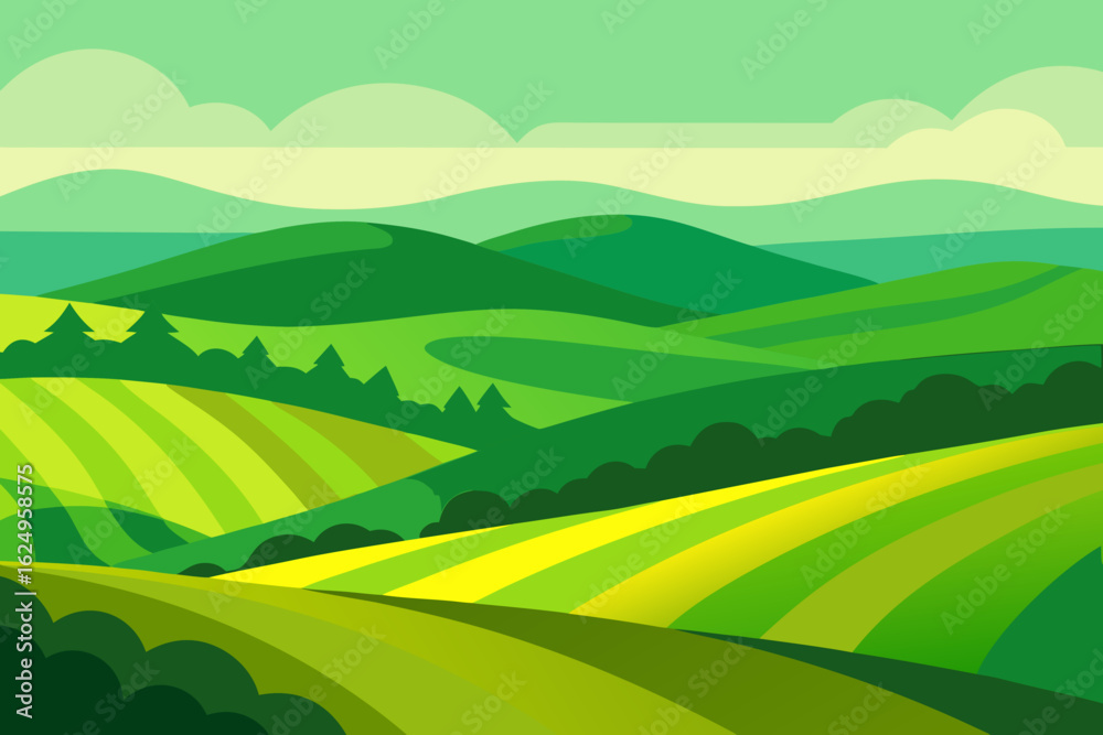 Obraz premium Expansive Sunny Countryside Illustration with Rolling Hills and Fields