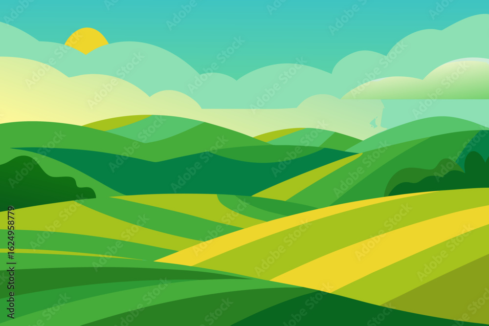 Obraz premium Expansive Sunny Countryside Illustration with Rolling Hills and Fields
