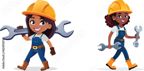 confident African American black female mechanics or builders wearing hard hats and holding wrenches, a flat cartoon illustration for Labor Day