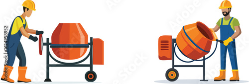 Flat cartoon vector construction workers set, showing male builders using a cement mixer to prepare mortar.
