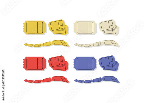 Colorful ticket vector set in red, blue, yellow, and beige. Includes single, stacked, and roll ticket styles. Perfect for event, cinema, raffle, festival, or concert-themed graphic design projects