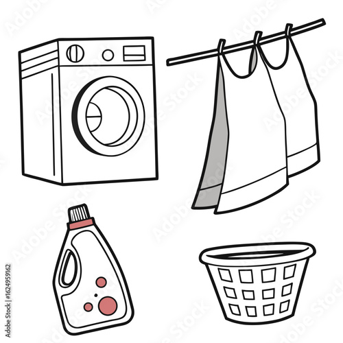 Simple line art illustration of laundry day essentials including a washing machine clothes drying on a line detergent and a laundry basket