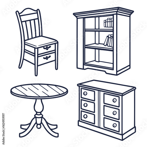 Collection of vintage style furniture including a chair round table bookshelf and dresser in a simple line art drawing