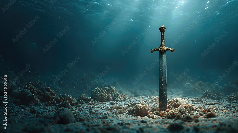 Naklejka premium An ancient knight’s sword juts from the seabed, weathered by time and waves, hinting at forgotten battles beneath the sea. 