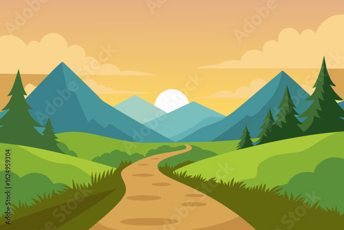 Idyllic Landscape Illustration with Verdant Green Hues Peaceful Nature Art