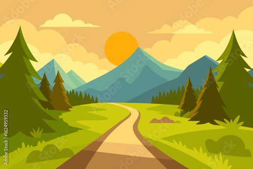 Idyllic Landscape Illustration with Verdant Green Hues Peaceful Nature Art