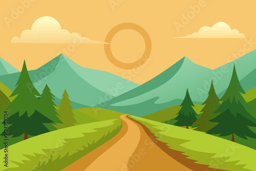 Idyllic Landscape Illustration with Verdant Green Hues Peaceful Nature Art