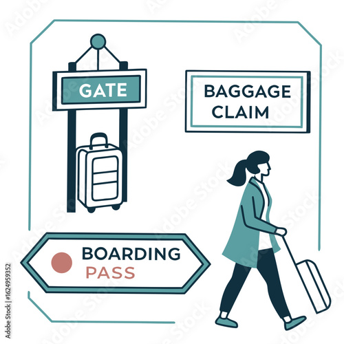 Woman with suitcase walks past airport signs for gate baggage claim and boarding pass