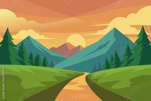 Idyllic Landscape Illustration with Verdant Green Hues Peaceful Nature Art