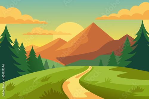 Idyllic Landscape Illustration with Verdant Green Hues Peaceful Nature Art