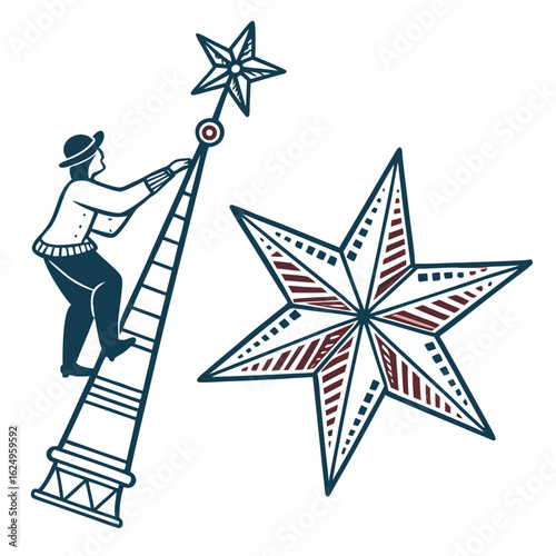 Person climbing a ladder to place a star on a tall structure next to a decorative star