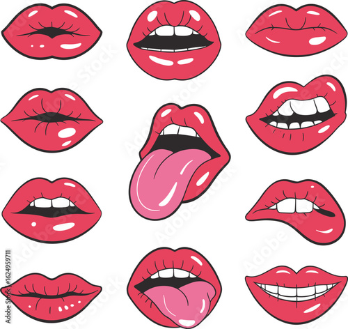 Wallpaper Mural Cartoon lips vector set, pink glossy lips clipart, expressive mouth illustrations, sexy lip gestures, pouty lipstick lips art, playful comic lip icons Torontodigital.ca