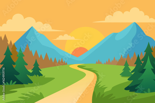 Idyllic Landscape Illustration with Verdant Green Hues Peaceful Nature Art