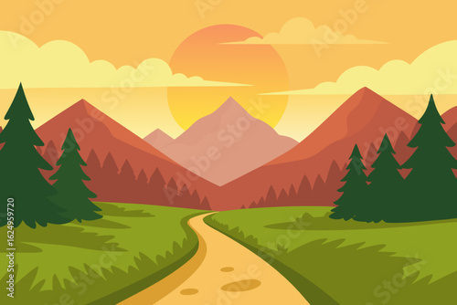 Idyllic Landscape Illustration with Verdant Green Hues Peaceful Nature Art