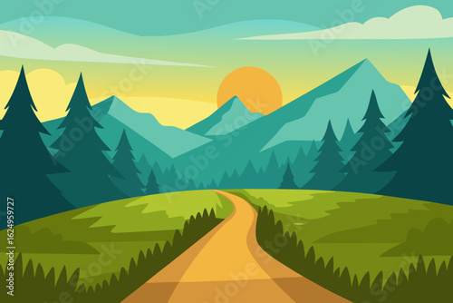 Idyllic Landscape Illustration with Verdant Green Hues Peaceful Nature Art