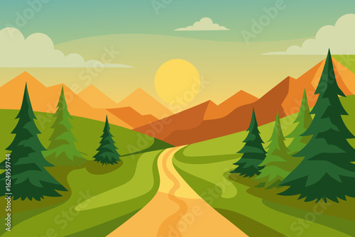 Idyllic Landscape Illustration with Verdant Green Hues Peaceful Nature Art