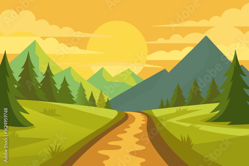 Idyllic Landscape Illustration with Verdant Green Hues Peaceful Nature Art