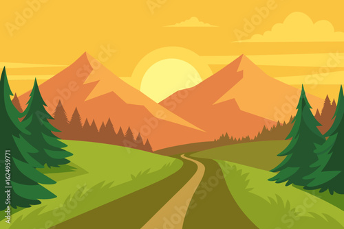 Idyllic Landscape Illustration with Verdant Green Hues Peaceful Nature Art