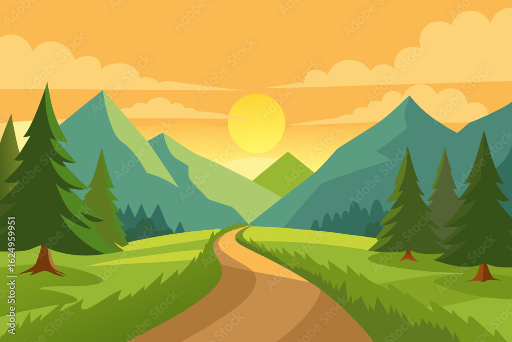 Fototapeta premium Idyllic Landscape Illustration with Verdant Green Hues Peaceful Nature Art