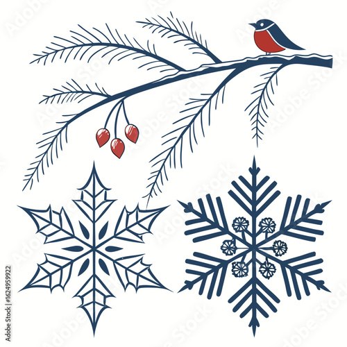 A stylized winter scene featuring a bullfinch bird perched on a snowy pine branch with red berries and decorative snowflakes