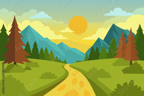 Idyllic Landscape Illustration with Verdant Green Hues Peaceful Nature Art