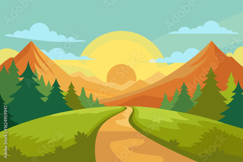 Idyllic Landscape Illustration with Verdant Green Hues Peaceful Nature Art