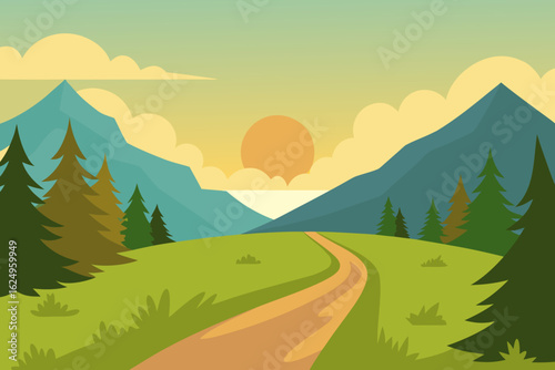 Idyllic Landscape Illustration with Verdant Green Hues Peaceful Nature Art