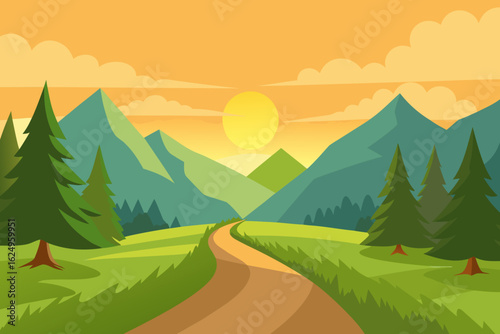 Idyllic Landscape Illustration with Verdant Green Hues Peaceful Nature Art