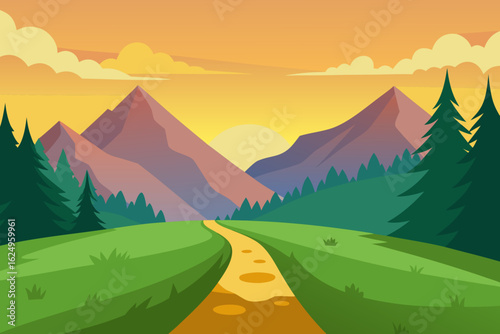 Idyllic Landscape Illustration with Verdant Green Hues Peaceful Nature Art