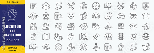 Location and navigation icon set. Containing location, navigation, direction, GPS, flag, destination, route, road and more. Vector outline icons collection