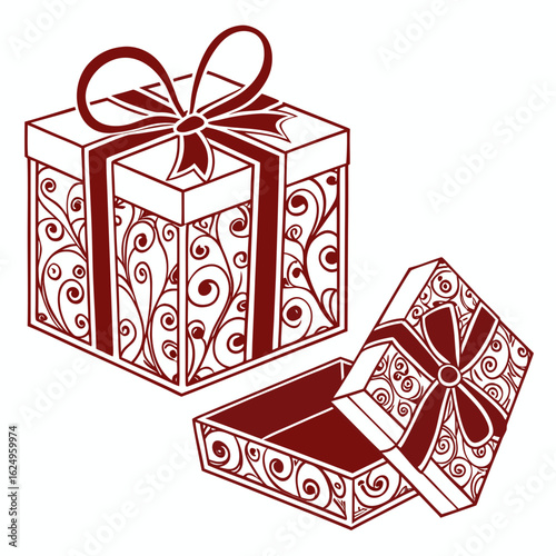 Elegant decorative gift box with intricate swirl pattern and ribbon bow partially open