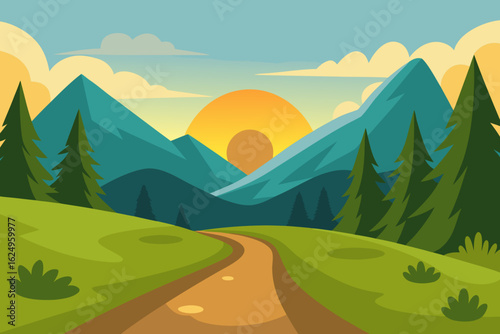 Idyllic Landscape Illustration with Verdant Green Hues Peaceful Nature Art