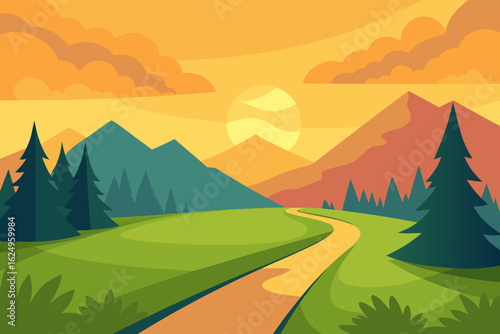 Idyllic Landscape Illustration with Verdant Green Hues Peaceful Nature Art